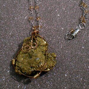 Wire Wrapped Pendant Necklace with Crystal Beaded Chain; Drusy Pendant, Gemstone